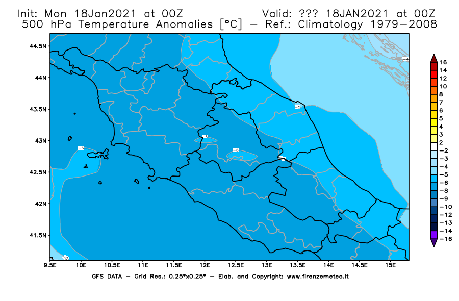 Mappa di analisi GFS - Anomalia Temperatura [°C] a 500 hPa in Centro-Italia
									del 18/01/2021 00 <!--googleoff: index-->UTC<!--googleon: index-->