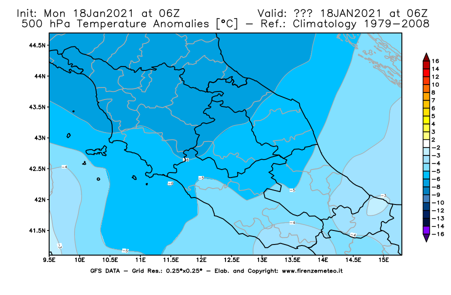 Mappa di analisi GFS - Anomalia Temperatura [°C] a 500 hPa in Centro-Italia
									del 18/01/2021 06 <!--googleoff: index-->UTC<!--googleon: index-->