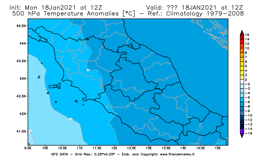 Mappa di analisi GFS - Anomalia Temperatura [°C] a 500 hPa in Centro-Italia
									del 18/01/2021 12 <!--googleoff: index-->UTC<!--googleon: index-->