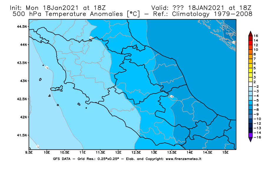 Mappa di analisi GFS - Anomalia Temperatura [°C] a 500 hPa in Centro-Italia
									del 18/01/2021 18 <!--googleoff: index-->UTC<!--googleon: index-->