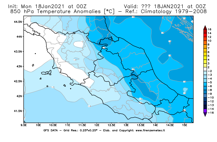 Mappa di analisi GFS - Anomalia Temperatura [°C] a 850 hPa in Centro-Italia
									del 18/01/2021 00 <!--googleoff: index-->UTC<!--googleon: index-->
