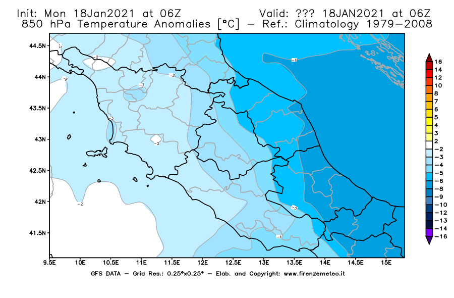Mappa di analisi GFS - Anomalia Temperatura [°C] a 850 hPa in Centro-Italia
									del 18/01/2021 06 <!--googleoff: index-->UTC<!--googleon: index-->