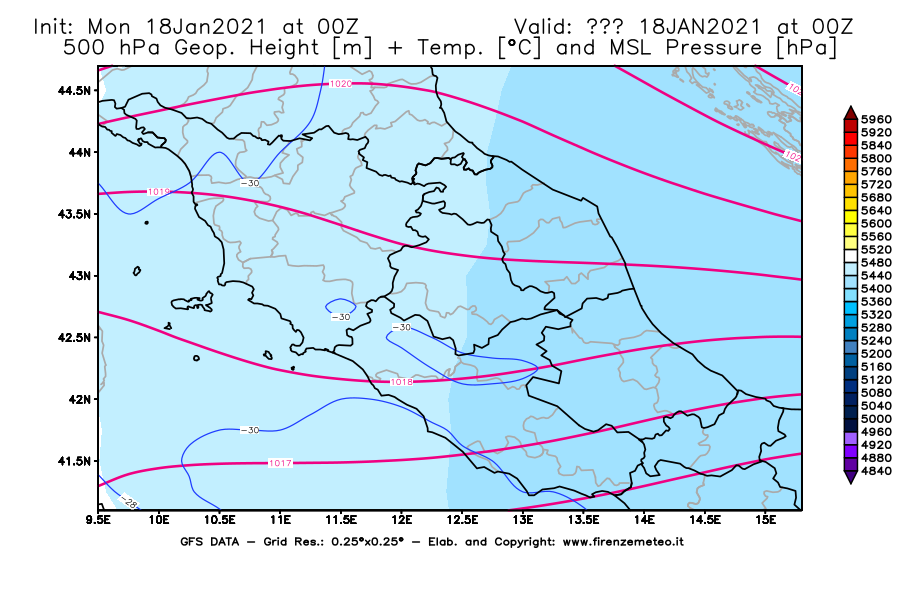 Mappa di analisi GFS - Geopotenziale [m] + Temp. [°C] a 500 hPa + Press. a livello del mare [hPa] in Centro-Italia
									del 18/01/2021 00 <!--googleoff: index-->UTC<!--googleon: index-->
