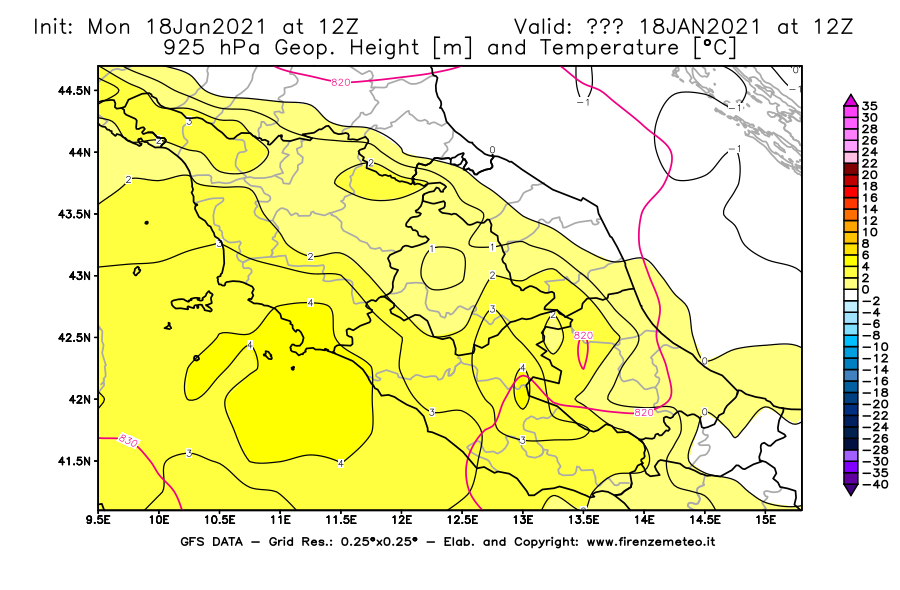 Mappa di analisi GFS - Geopotenziale [m] e Temperatura [°C] a 925 hPa in Centro-Italia
									del 18/01/2021 12 <!--googleoff: index-->UTC<!--googleon: index-->