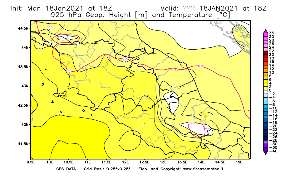 Mappa di analisi GFS - Geopotenziale [m] e Temperatura [°C] a 925 hPa in Centro-Italia
									del 18/01/2021 18 <!--googleoff: index-->UTC<!--googleon: index-->