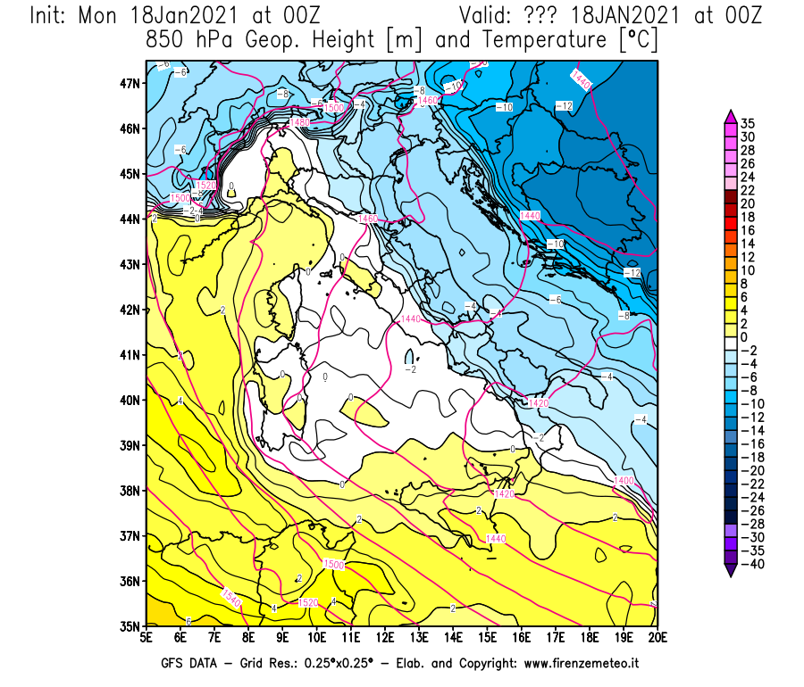 Mappa di analisi GFS - Geopotenziale [m] e Temperatura [°C] a 850 hPa in Italia
									del 18/01/2021 00 <!--googleoff: index-->UTC<!--googleon: index-->