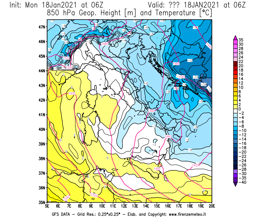 Mappa di analisi GFS - Geopotenziale [m] e Temperatura [°C] a 850 hPa in Italia
									del 18/01/2021 06 <!--googleoff: index-->UTC<!--googleon: index-->
