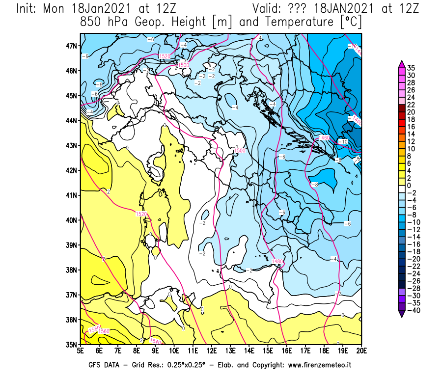 Mappa di analisi GFS - Geopotenziale [m] e Temperatura [°C] a 850 hPa in Italia
									del 18/01/2021 12 <!--googleoff: index-->UTC<!--googleon: index-->