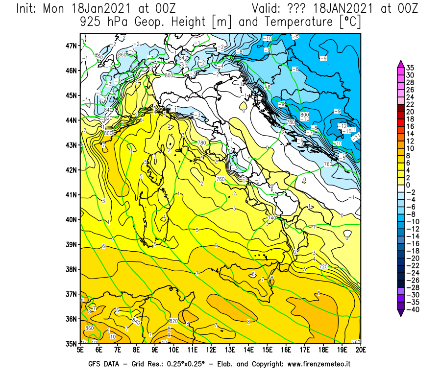 Mappa di analisi GFS - Geopotenziale [m] e Temperatura [°C] a 925 hPa in Italia
									del 18/01/2021 00 <!--googleoff: index-->UTC<!--googleon: index-->