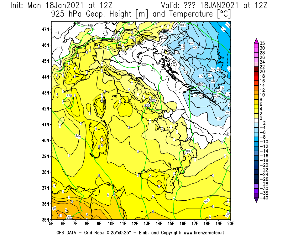 Mappa di analisi GFS - Geopotenziale [m] e Temperatura [°C] a 925 hPa in Italia
									del 18/01/2021 12 <!--googleoff: index-->UTC<!--googleon: index-->