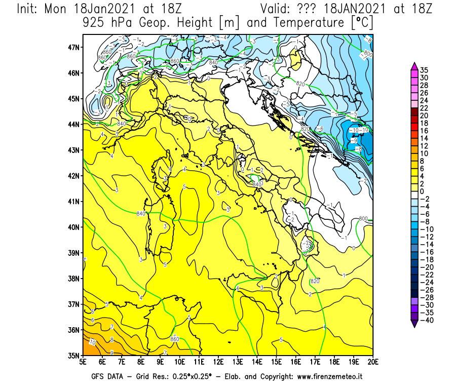 Mappa di analisi GFS - Geopotenziale [m] e Temperatura [°C] a 925 hPa in Italia
									del 18/01/2021 18 <!--googleoff: index-->UTC<!--googleon: index-->