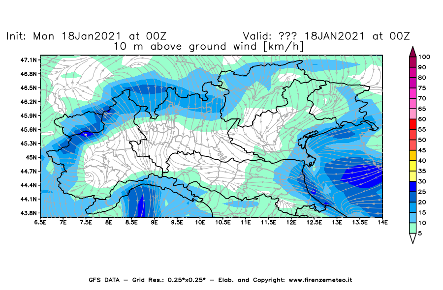 Mappa di analisi GFS - Velocità del vento a 10 metri dal suolo [km/h] in Nord-Italia
									del 18/01/2021 00 <!--googleoff: index-->UTC<!--googleon: index-->