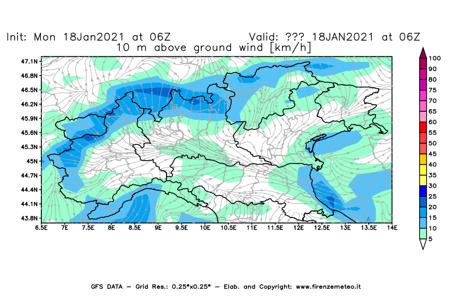Mappa di analisi GFS - Velocità del vento a 10 metri dal suolo [km/h] in Nord-Italia
									del 18/01/2021 06 <!--googleoff: index-->UTC<!--googleon: index-->