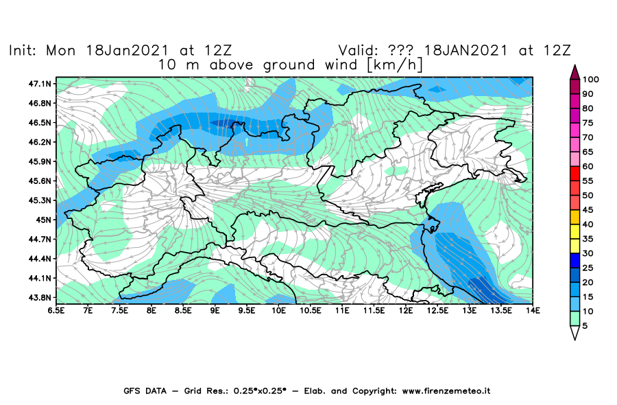 Mappa di analisi GFS - Velocità del vento a 10 metri dal suolo [km/h] in Nord-Italia
									del 18/01/2021 12 <!--googleoff: index-->UTC<!--googleon: index-->