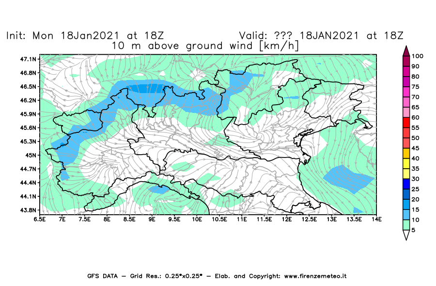 Mappa di analisi GFS - Velocità del vento a 10 metri dal suolo [km/h] in Nord-Italia
									del 18/01/2021 18 <!--googleoff: index-->UTC<!--googleon: index-->