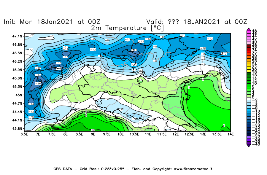 Mappa di analisi GFS - Temperatura a 2 metri dal suolo [°C] in Nord-Italia
									del 18/01/2021 00 <!--googleoff: index-->UTC<!--googleon: index-->