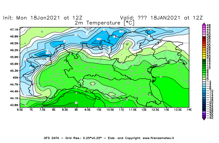 Mappa di analisi GFS - Temperatura a 2 metri dal suolo [°C] in Nord-Italia
									del 18/01/2021 12 <!--googleoff: index-->UTC<!--googleon: index-->