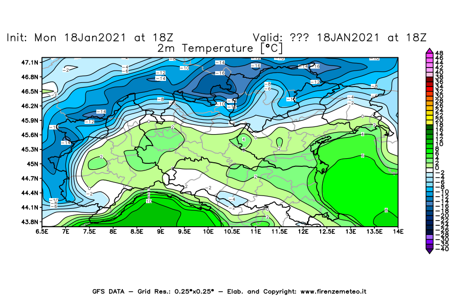 Mappa di analisi GFS - Temperatura a 2 metri dal suolo [°C] in Nord-Italia
									del 18/01/2021 18 <!--googleoff: index-->UTC<!--googleon: index-->