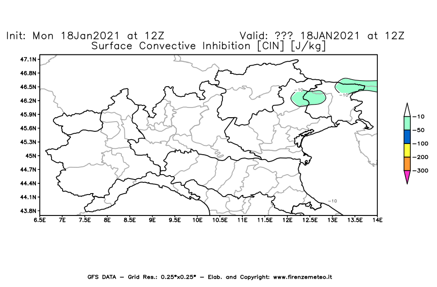 Mappa di analisi GFS - CIN [J/kg] in Nord-Italia
									del 18/01/2021 12 <!--googleoff: index-->UTC<!--googleon: index-->