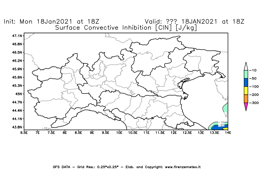 Mappa di analisi GFS - CIN [J/kg] in Nord-Italia
									del 18/01/2021 18 <!--googleoff: index-->UTC<!--googleon: index-->