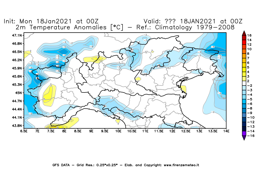 Mappa di analisi GFS - Anomalia Temperatura [°C] a 2 m in Nord-Italia
									del 18/01/2021 00 <!--googleoff: index-->UTC<!--googleon: index-->