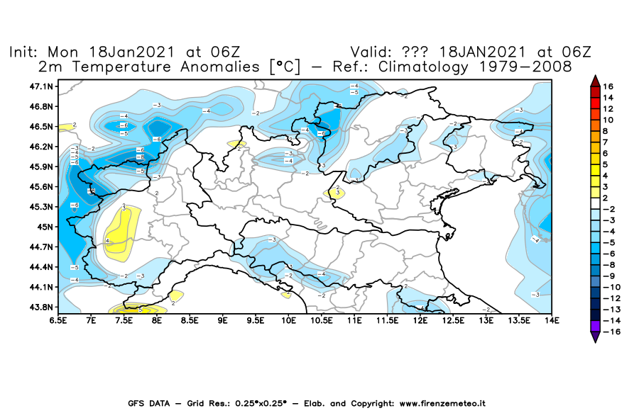 Mappa di analisi GFS - Anomalia Temperatura [°C] a 2 m in Nord-Italia
									del 18/01/2021 06 <!--googleoff: index-->UTC<!--googleon: index-->