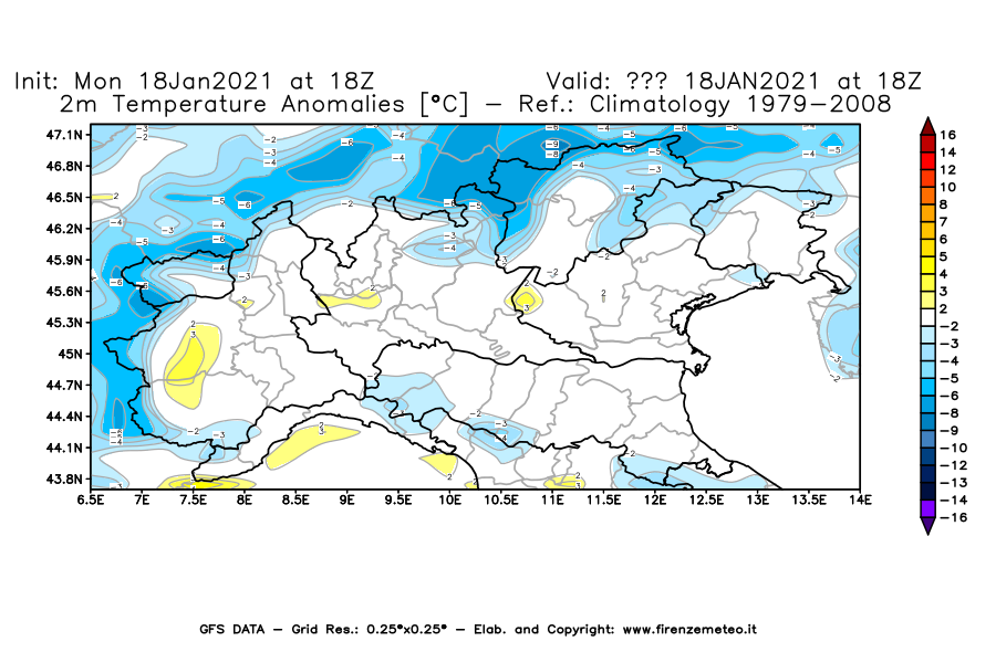 Mappa di analisi GFS - Anomalia Temperatura [°C] a 2 m in Nord-Italia
									del 18/01/2021 18 <!--googleoff: index-->UTC<!--googleon: index-->