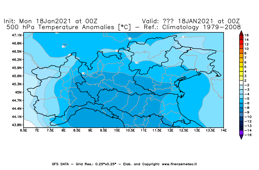 Mappa di analisi GFS - Anomalia Temperatura [°C] a 500 hPa in Nord-Italia
									del 18/01/2021 00 <!--googleoff: index-->UTC<!--googleon: index-->