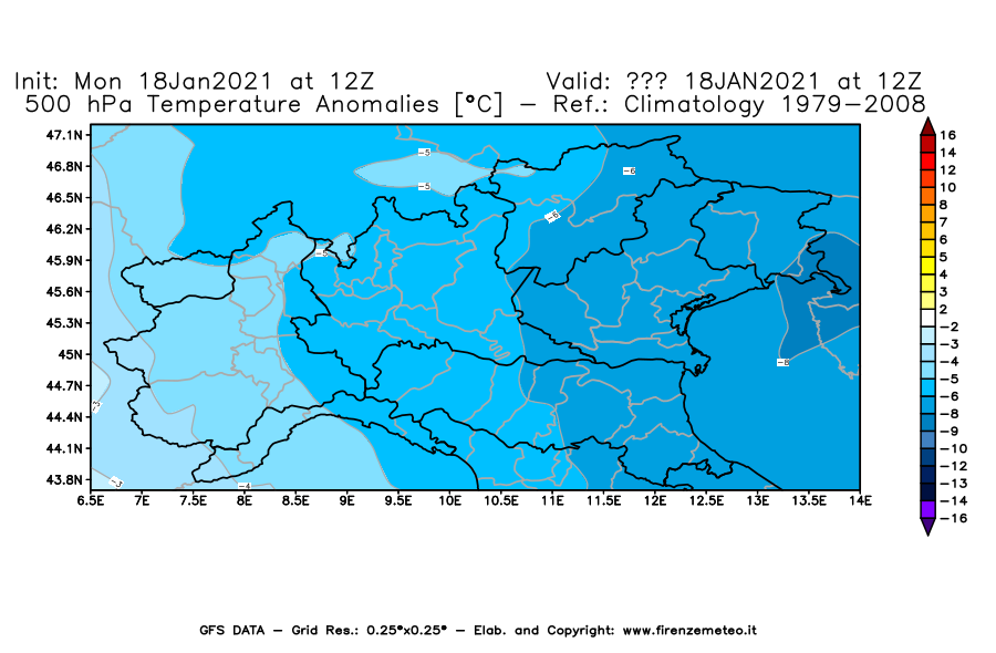 Mappa di analisi GFS - Anomalia Temperatura [°C] a 500 hPa in Nord-Italia
									del 18/01/2021 12 <!--googleoff: index-->UTC<!--googleon: index-->