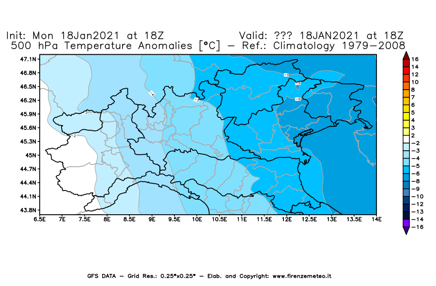 Mappa di analisi GFS - Anomalia Temperatura [°C] a 500 hPa in Nord-Italia
									del 18/01/2021 18 <!--googleoff: index-->UTC<!--googleon: index-->