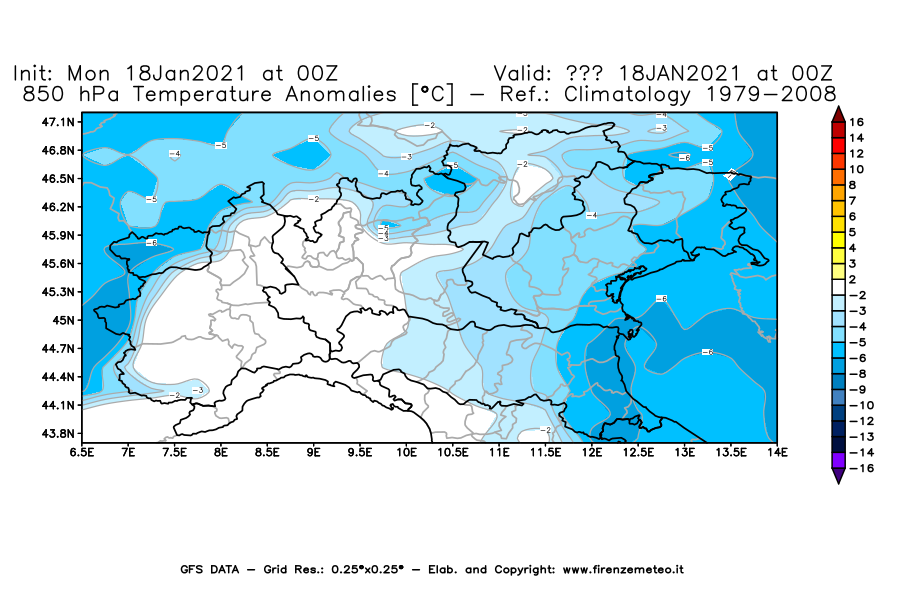 Mappa di analisi GFS - Anomalia Temperatura [°C] a 850 hPa in Nord-Italia
									del 18/01/2021 00 <!--googleoff: index-->UTC<!--googleon: index-->