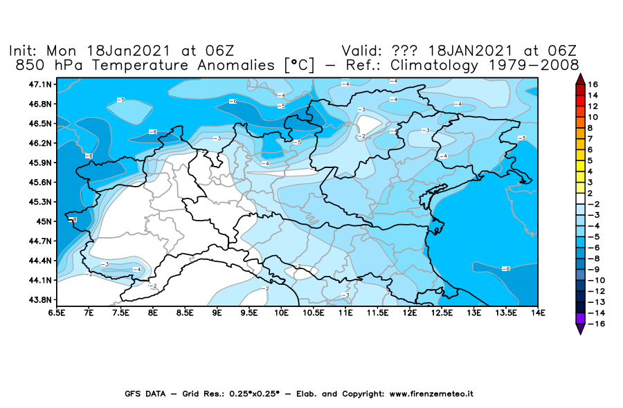 Mappa di analisi GFS - Anomalia Temperatura [°C] a 850 hPa in Nord-Italia
									del 18/01/2021 06 <!--googleoff: index-->UTC<!--googleon: index-->