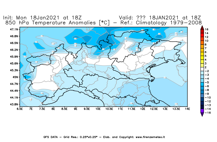 Mappa di analisi GFS - Anomalia Temperatura [°C] a 850 hPa in Nord-Italia
									del 18/01/2021 18 <!--googleoff: index-->UTC<!--googleon: index-->