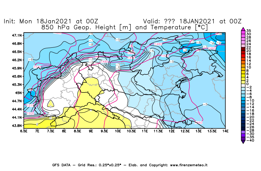 Mappa di analisi GFS - Geopotenziale [m] e Temperatura [°C] a 850 hPa in Nord-Italia
									del 18/01/2021 00 <!--googleoff: index-->UTC<!--googleon: index-->