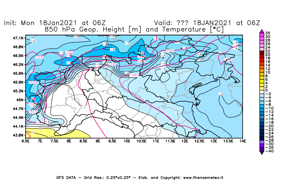 Mappa di analisi GFS - Geopotenziale [m] e Temperatura [°C] a 850 hPa in Nord-Italia
									del 18/01/2021 06 <!--googleoff: index-->UTC<!--googleon: index-->