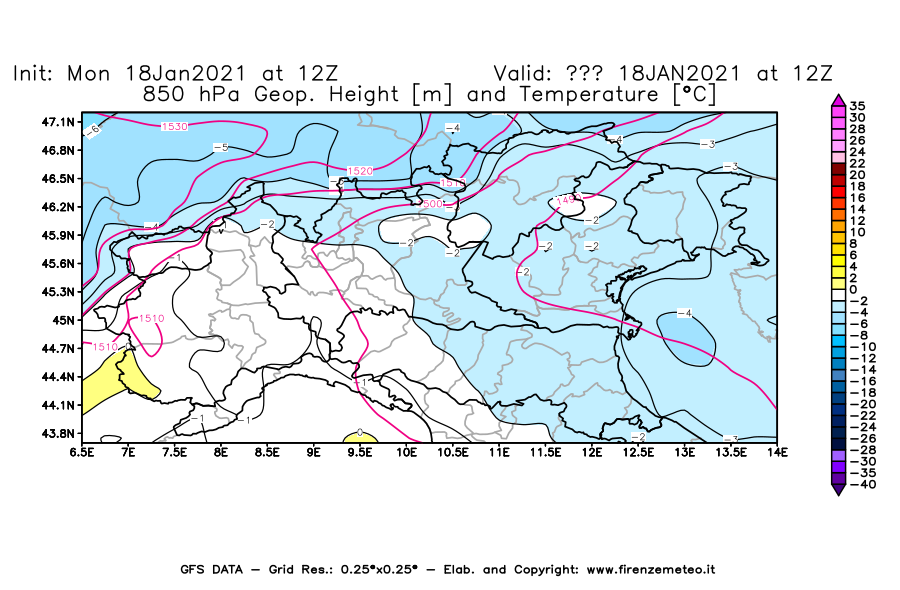 Mappa di analisi GFS - Geopotenziale [m] e Temperatura [°C] a 850 hPa in Nord-Italia
									del 18/01/2021 12 <!--googleoff: index-->UTC<!--googleon: index-->