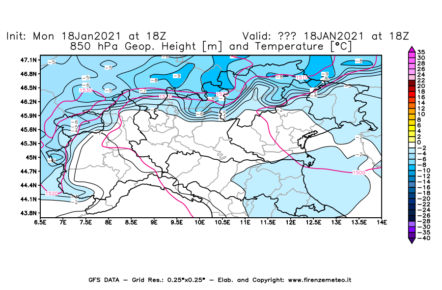Mappa di analisi GFS - Geopotenziale [m] e Temperatura [°C] a 850 hPa in Nord-Italia
									del 18/01/2021 18 <!--googleoff: index-->UTC<!--googleon: index-->