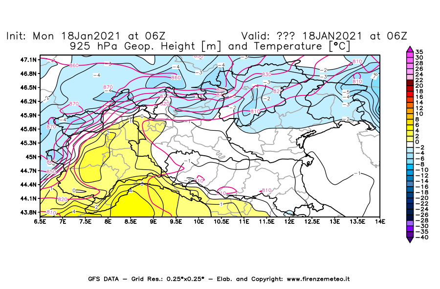 Mappa di analisi GFS - Geopotenziale [m] e Temperatura [°C] a 925 hPa in Nord-Italia
									del 18/01/2021 06 <!--googleoff: index-->UTC<!--googleon: index-->