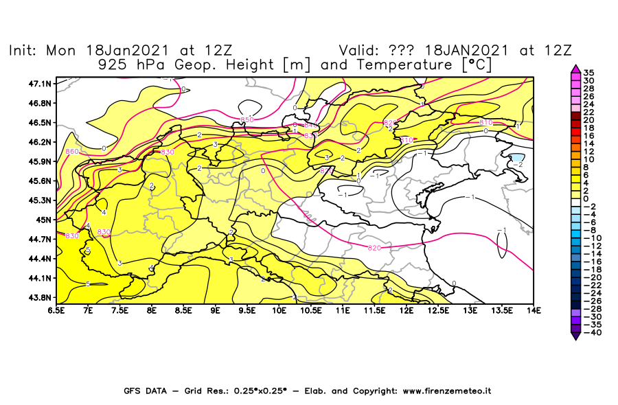Mappa di analisi GFS - Geopotenziale [m] e Temperatura [°C] a 925 hPa in Nord-Italia
									del 18/01/2021 12 <!--googleoff: index-->UTC<!--googleon: index-->