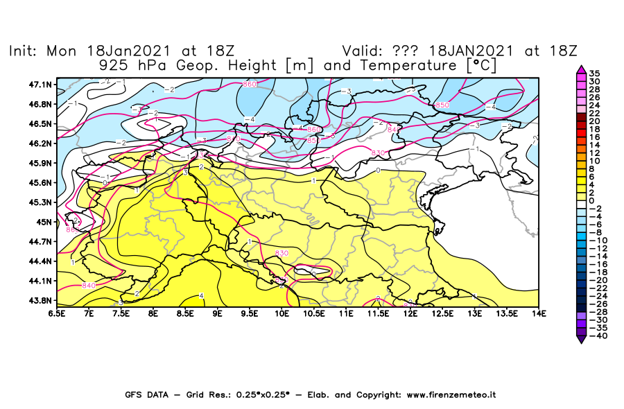 Mappa di analisi GFS - Geopotenziale [m] e Temperatura [°C] a 925 hPa in Nord-Italia
									del 18/01/2021 18 <!--googleoff: index-->UTC<!--googleon: index-->