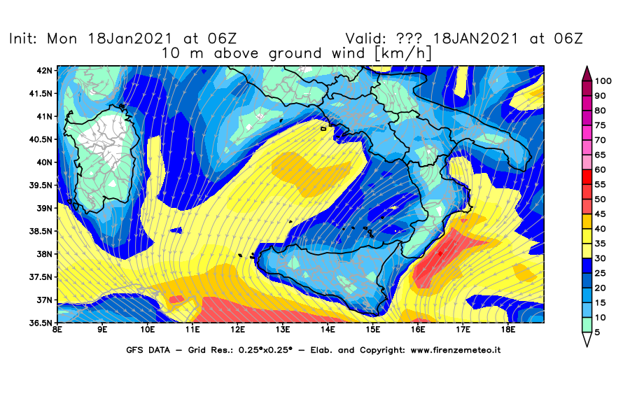 Mappa di analisi GFS - Velocità del vento a 10 metri dal suolo [km/h] in Sud-Italia
									del 18/01/2021 06 <!--googleoff: index-->UTC<!--googleon: index-->