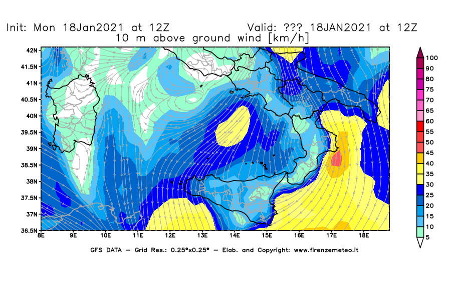 Mappa di analisi GFS - Velocità del vento a 10 metri dal suolo [km/h] in Sud-Italia
									del 18/01/2021 12 <!--googleoff: index-->UTC<!--googleon: index-->