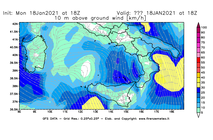 Mappa di analisi GFS - Velocità del vento a 10 metri dal suolo [km/h] in Sud-Italia
									del 18/01/2021 18 <!--googleoff: index-->UTC<!--googleon: index-->