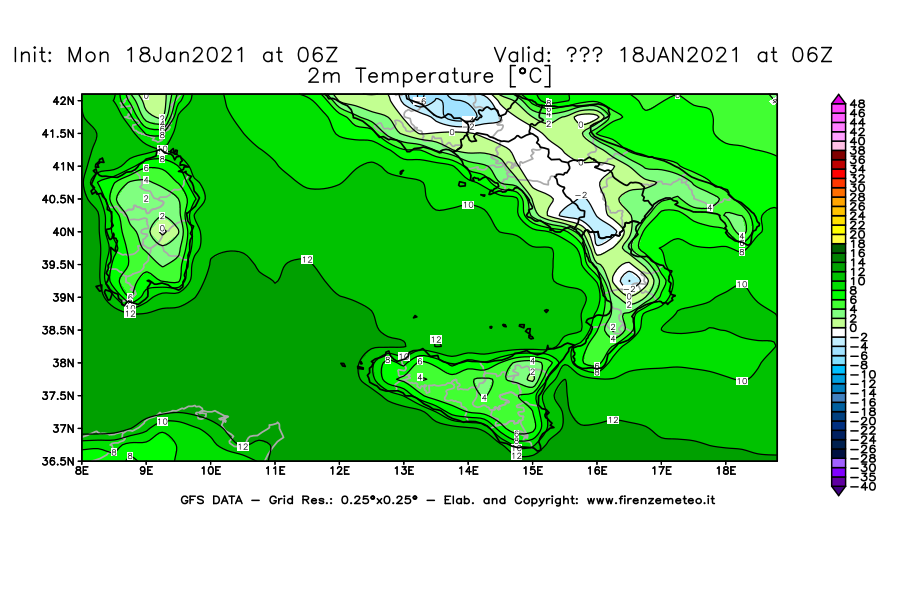 Mappa di analisi GFS - Temperatura a 2 metri dal suolo [°C] in Sud-Italia
									del 18/01/2021 06 <!--googleoff: index-->UTC<!--googleon: index-->