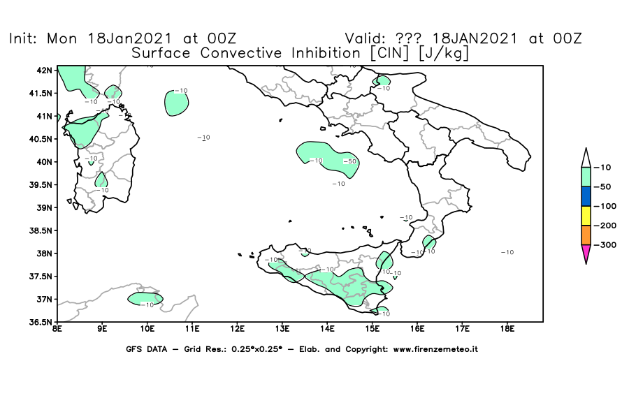 Mappa di analisi GFS - CIN [J/kg] in Sud-Italia
									del 18/01/2021 00 <!--googleoff: index-->UTC<!--googleon: index-->