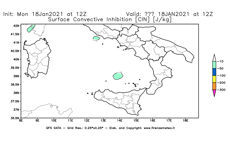 Mappa di analisi GFS - CIN [J/kg] in Sud-Italia
									del 18/01/2021 12 <!--googleoff: index-->UTC<!--googleon: index-->