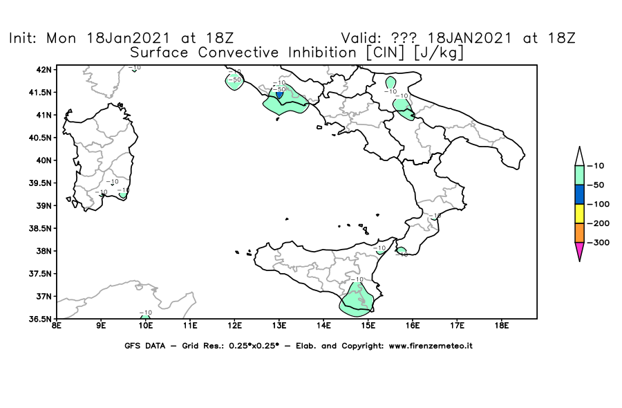 Mappa di analisi GFS - CIN [J/kg] in Sud-Italia
									del 18/01/2021 18 <!--googleoff: index-->UTC<!--googleon: index-->