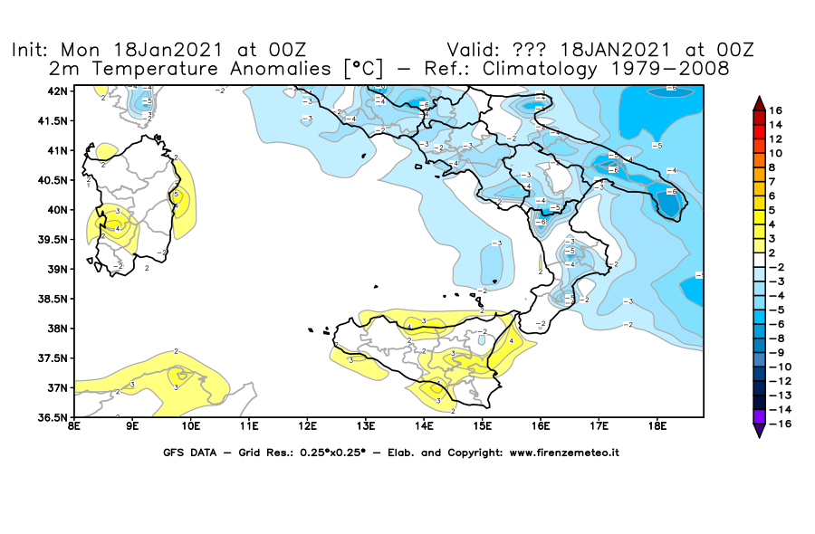 Mappa di analisi GFS - Anomalia Temperatura [°C] a 2 m in Sud-Italia
									del 18/01/2021 00 <!--googleoff: index-->UTC<!--googleon: index-->