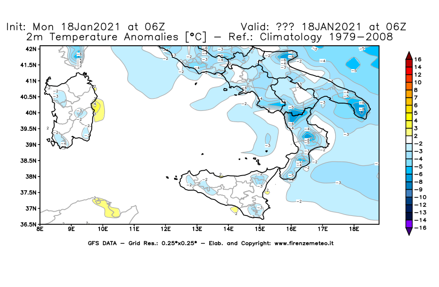 Mappa di analisi GFS - Anomalia Temperatura [°C] a 2 m in Sud-Italia
									del 18/01/2021 06 <!--googleoff: index-->UTC<!--googleon: index-->