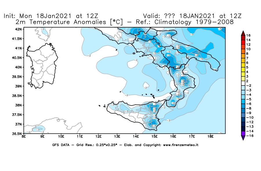 Mappa di analisi GFS - Anomalia Temperatura [°C] a 2 m in Sud-Italia
									del 18/01/2021 12 <!--googleoff: index-->UTC<!--googleon: index-->